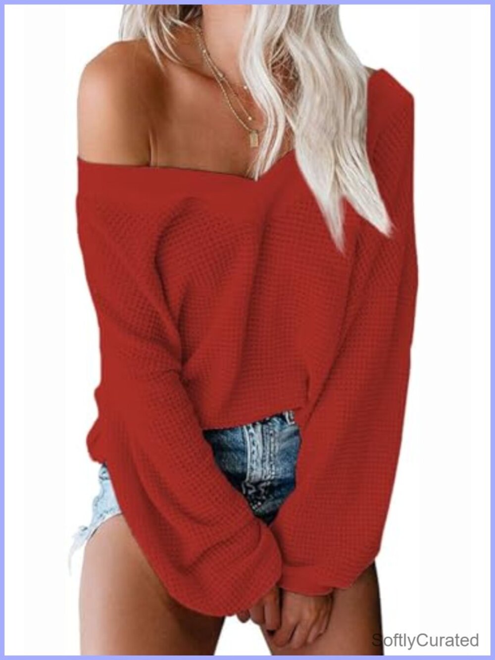 Waffle Knit Off Shoulder V Neck Pullover Sweater Lightweight Loose Fit Long